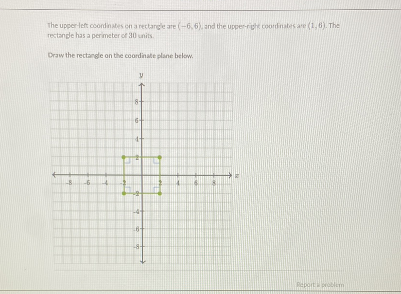 The upper-left coordinates on a rectangle are \( (-6,6) \), and the upper-right coordinates are \( (1,6) \). The rectangle has a perimeter of 30 units.
Draw the rectangle on the coordinate plane below.
Reporta problem