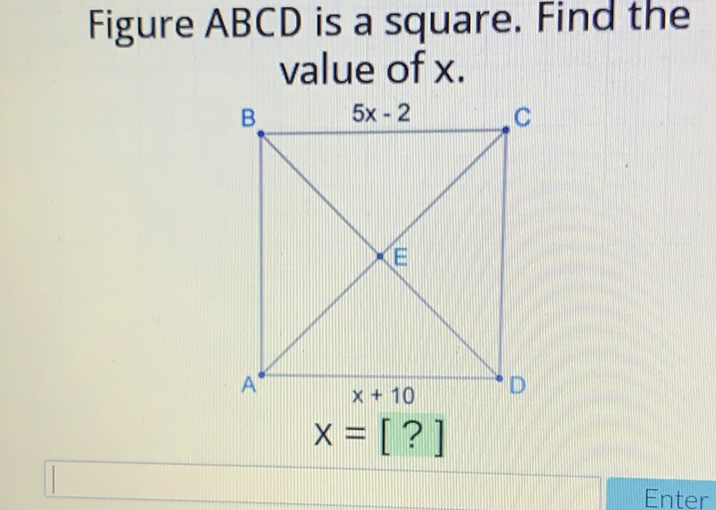 Figure \( A B C D \) is a square. Find the value of \( x \).