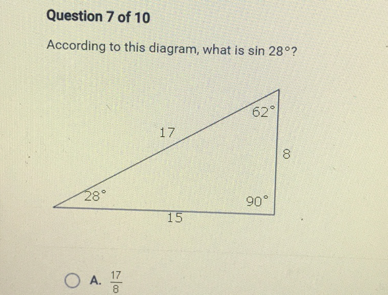 Question 7 of 10
According to this diagram, what is \( \sin 28^{\circ} ? \)
A. \( \frac{17}{8} \)