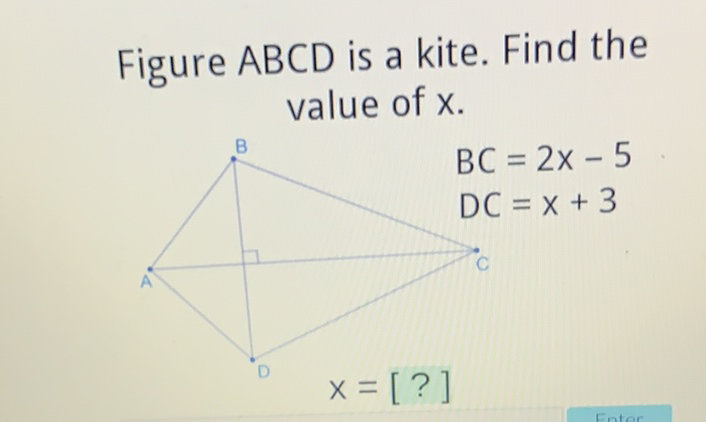 Figure \( A B C D \) is a kite. Find the value of \( x \).