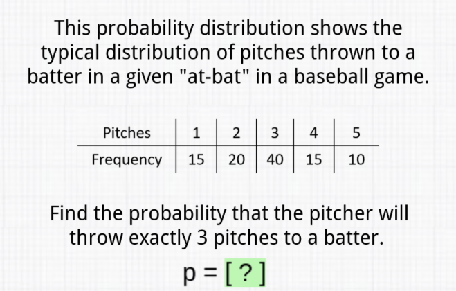 This probability distribution shows the typical distribution of pitches thrown to a batter in a given "at-bat" in a baseball game.
\begin{tabular}{c|c|c|c|c|c} 
Pitches & 1 & 2 & 3 & 4 & 5 \\
\hline Frequency & 15 & 20 & 40 & 15 & 10
\end{tabular}
Find the probability that the pitcher will throw exactly 3 pitches to a batter.
\[
p=[?]
\]