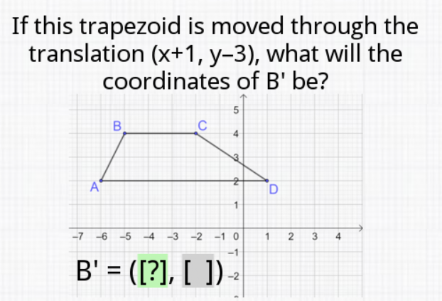 If this trapezoid is moved through the translation \( (x+1, y-3) \), what will the coordinates of \( B^{\prime} \) be?
