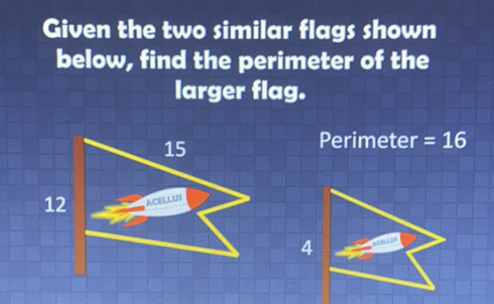 Given the two similar flags shown below, find the perimeter of the larger flag. Perimeter \( =16 \)