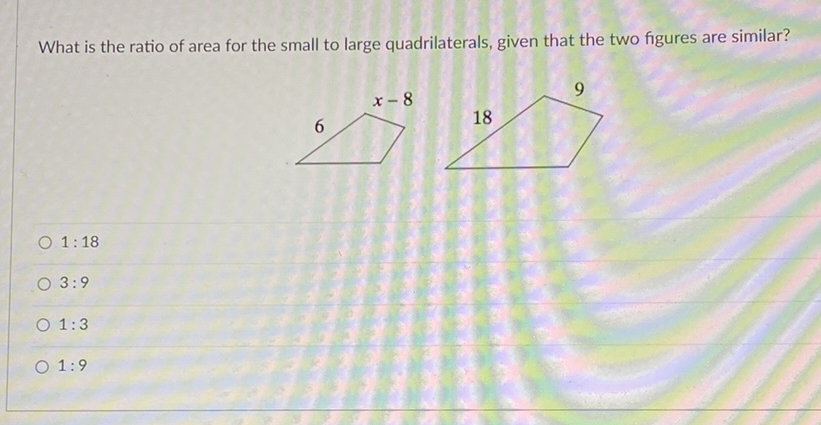 What is the ratio of area for the small to large quadrilaterals, given that the two figures are similar?
\( 1: 18 \)