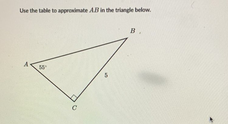 Use the table to approximate \( A B \) in the triangle below.