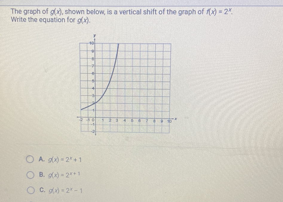 The graph of \( g(x) \), shown below, is a vertical shift of the graph of \( f(x)=2^{x} \). Write the equation for \( g(x) \).
A. \( g(x)=2^{x}+1 \)
B. \( g(x)=2^{x+1} \)
C. \( g(x)=2^{x}-1 \)