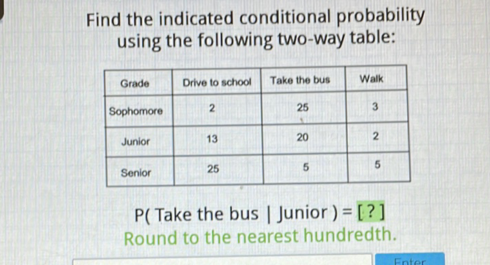 Find the indicated conditional probability using the following two-way table:
\begin{tabular}{|c|c|c|c|}
\hline Grade & Drive to school & Take the bus & Walk \\
\hline Sophomore & 2 & 25 & 3 \\
\hline Junior & 13 & 20 & 2 \\
\hline Senior & 25 & 5 & 5 \\
\hline
\end{tabular}
\( P( \) Take the bus \( \mid \) Junior \( )=[?] \)
Round to the nearest hundredth.