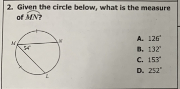 2. Given the circle below, what is the measure of \( M N ? \)
A. \( 126^{\circ} \)
B. \( 132^{\circ} \)
C. \( 153^{\circ} \)
D. \( 252^{\circ} \)