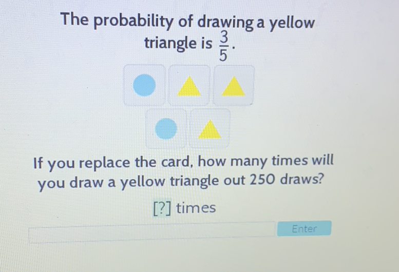 The probability of drawing a yellow triangle is \( \frac{3}{5} \).
If you replace the card, how many times will you draw a yellow triangle out 250 draws?
[?] times