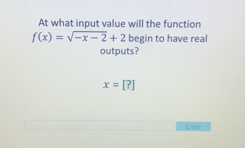 At what input value will the function \( f(x)=\sqrt{-x-2}+2 \) begin to have real outputs?
\[
x=[?]
\]