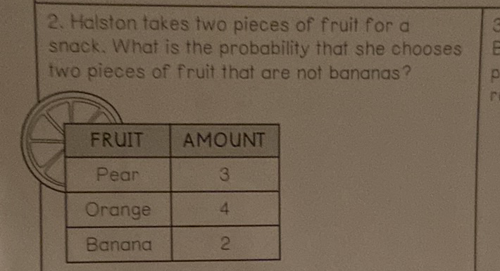 2. Halstan takes two pieces of fruit for a snock. What is the probability that she chooses Two pieces of fruit that are not bananas?
\begin{tabular}{|c|c|}
\hline \multicolumn{2}{|c|}{ FRUIT } & AMOUNT \\
\hline Pear & 3 \\
\hline Orange & 4 \\
\hline Banana & 2 \\
\hline
\end{tabular}