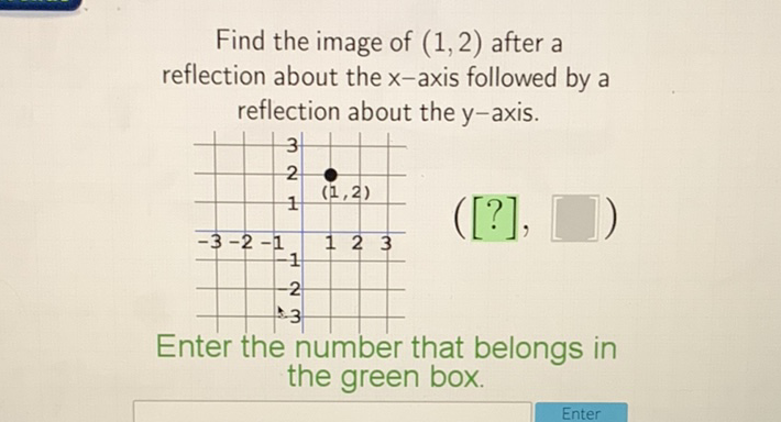 Find the image of \( (1,2) \) after a reflection about the \( x \)-axis followed by a reflection about the \( y \)-axis.

Enter the number that belongs in the green box.