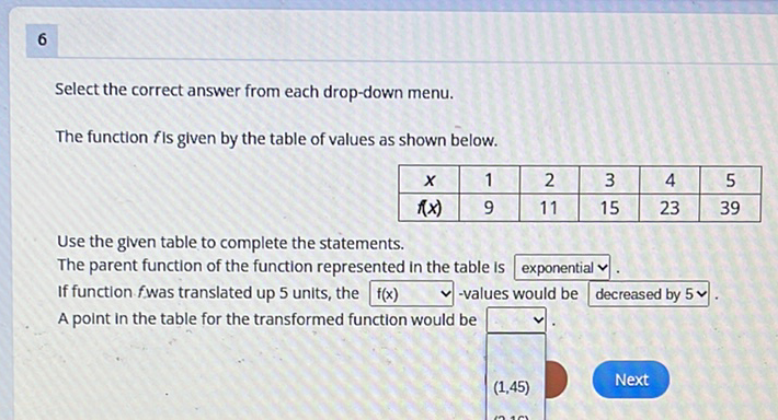 6
Select the correct answer from each drop-down menu.
The function \( f \) is given by the table of values as shown below.
\begin{tabular}{|c|c|c|c|c|c|}
\hline\( x \) & 1 & 2 & 3 & 4 & 5 \\
\hline\( f(x) \) & 9 & 11 & 15 & 23 & 39 \\
\hline
\end{tabular}
Use the given table to complete the statements.
The parent function of the function represented in the table is exponential \( v \).
If function fwas translated up 5 units, the \( f(x) \quad v \)-values would be decreased by \( 5 v \).
A point in the table for the transformed function would be