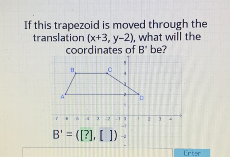 If this trapezoid is moved through the translation \( (x+3, y-2) \), what will the coordinates of \( B^{\prime} \) be?