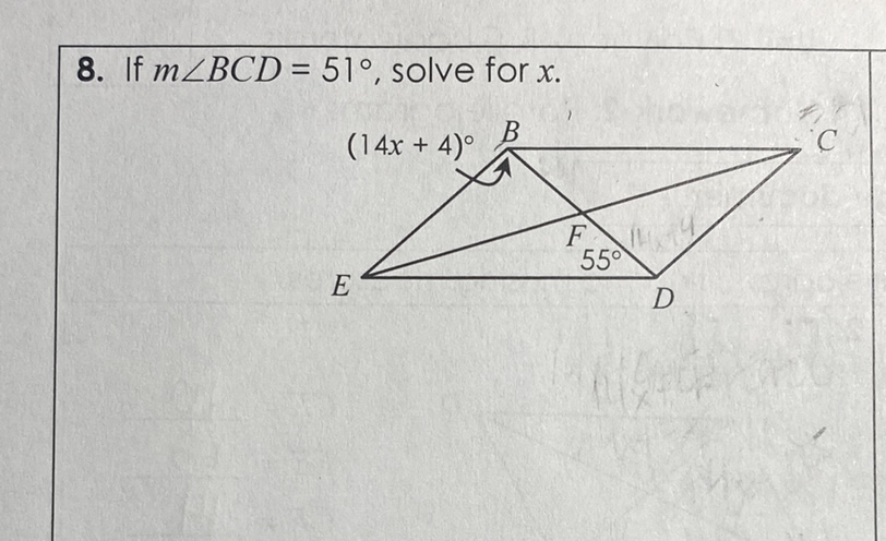 8. If \( m \angle B C D=51^{\circ} \), solve for \( x \).