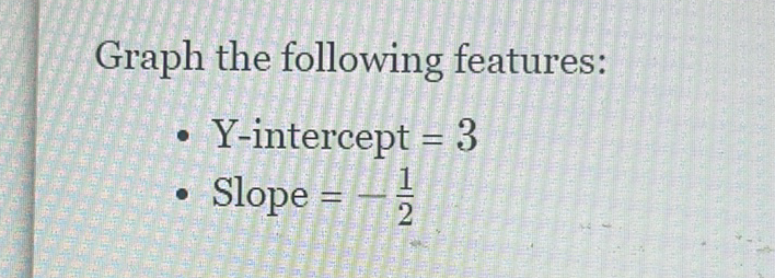 Graph the following features:
- \( Y \)-intercept \( =3 \)
- Slope \( =-\frac{1}{2} \)