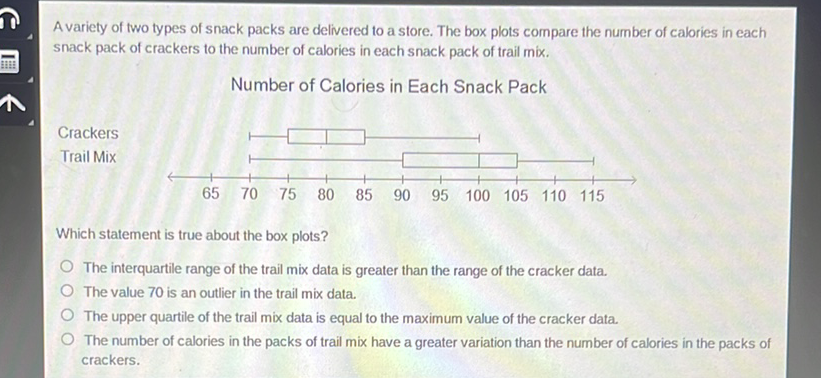 A variety of two types of snack packs are delivered to a store. The box plots compare the number of calories in each snack pack of crackers to the number of calories in each snack pack of trail mix.
Number of Calories in Each Snack Pack
Crackers
Trail Mix
Which statement is true about the box plots?
The interquartile range of the trail mix data is greater than the range of the cracker data.
The value 70 is an outlier in the trail mix data.
The upper quartile of the trail mix data is equal to the maximum value of the cracker data.
The number of calories in the packs of trail mix have a greater variation than the number of calories in the packs of crackers.
