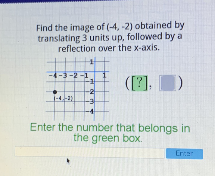 Find the image of \( (-4,-2) \) obtained by translating 3 units up, followed by a reflection over the \( x \)-axis.
\( ([?],[]) \)
Enter the number that belongs in the green box.