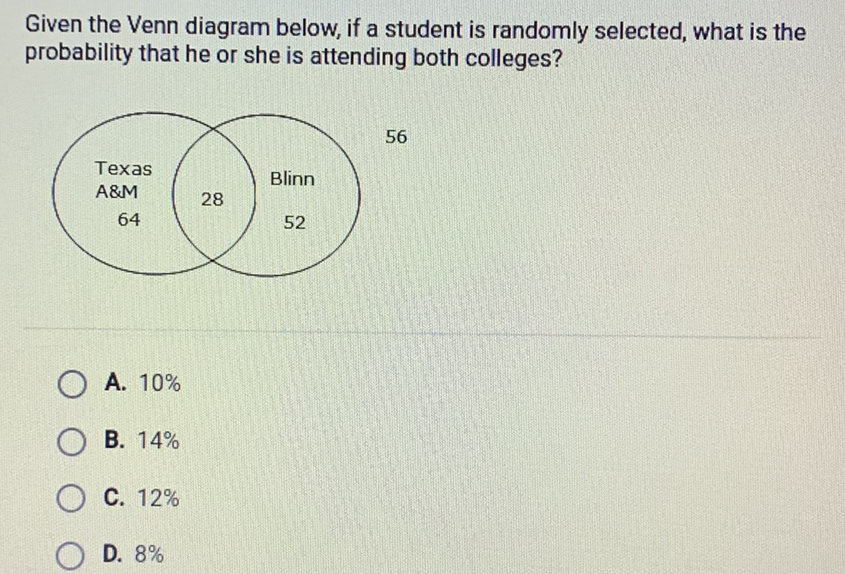 Given the Venn diagram below, if a student is randomly selected, what is the probability that he or she is attending both colleges?
A. \( 10 \% \)
B. \( 14 \% \)
C. \( 12 \% \)
D. \( 8 \% \)