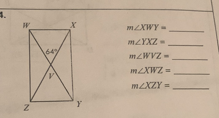 \( m \angle X W Y= \)
\( m \angle Y X Z= \)
\( m \angle W V Z= \)
\( m \angle X W Z= \)
\( m \angle X Z Y= \)