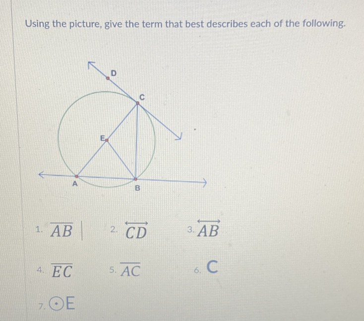 Using the picture, give the term that best describes each of the following.
1. \( \overline{A B} \)
2. \( \overleftrightarrow{C D} \)
3. \( \overrightarrow{A B} \)
4. \( \overline{E C} \)
5. \( \overline{A C} \)
6. C
7. \( E E \)