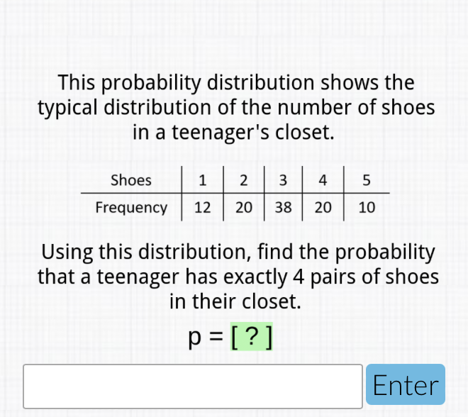 This probability distribution shows the typical distribution of the number of shoes in a teenager's closet.
\begin{tabular}{c|c|c|c|c|c} 
Shoes & 1 & 2 & 3 & 4 & 5 \\
\hline Frequency & 12 & 20 & 38 & 20 & 10
\end{tabular}
Using this distribution, find the probability that a teenager has exactly 4 pairs of shoes in their closet.
\[
p=[?]
\]