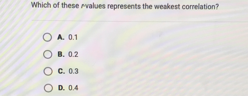 Which of these \( r \)-values represents the weakest correlation?
A. \( 0.1 \)
B. \( 0.2 \)
C. \( 0.3 \)
D. \( 0.4 \)