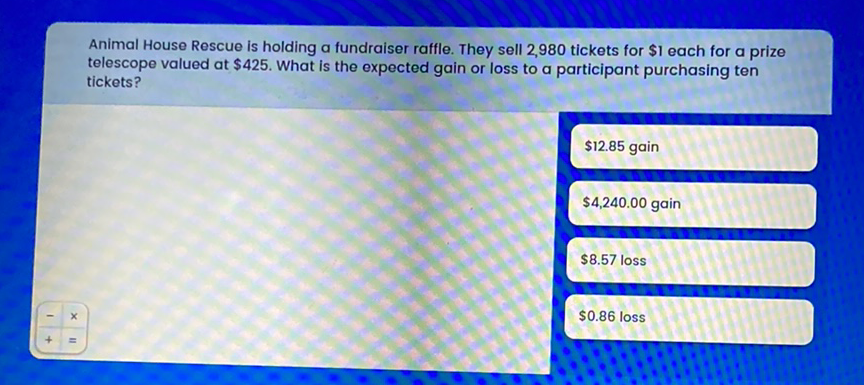 Animal House Rescue is holding a fundraiser raffle. They sell 2,980 tickets for \( \$ 1 \) each for a prize telescope valued at \( \$ 425 \). What is the expected gain or loss to a participant purchasing ten tickets?
\( \$ 12.85 \) gain
\( \$ 4,240.00 \) gain
\( \$ 8.57 \) loss
\( \$ 0.86 \) loss