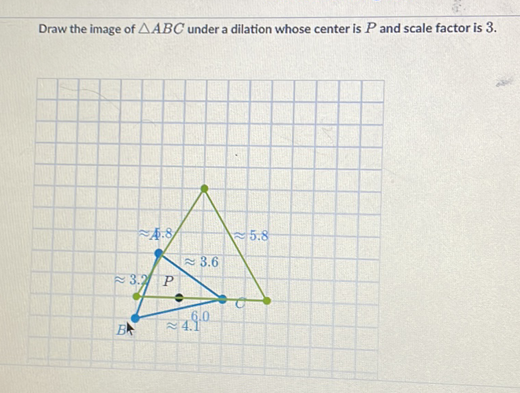 Draw the image of \( \triangle A B C \) under a dilation whose center is \( P \) and scale factor is \( 3 . \)