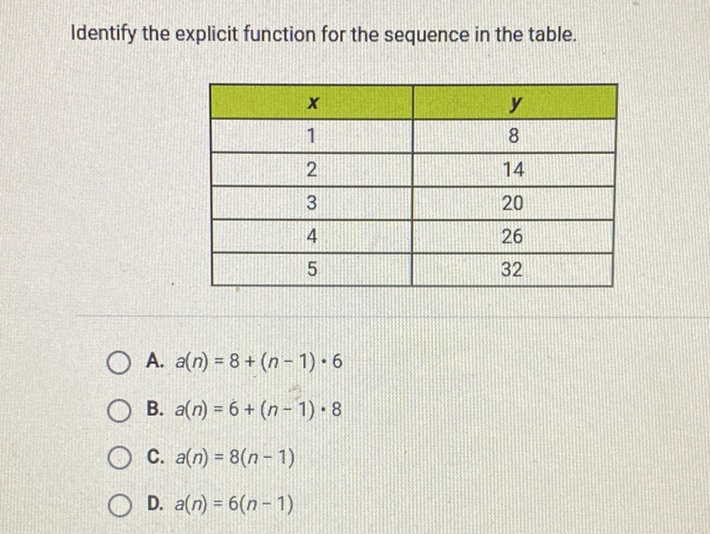 Identify the explicit function for the sequence in the table.
\begin{tabular}{|c|c|}
\hline\( x \) & \( y \) \\
\hline 1 & 8 \\
\hline 2 & 14 \\
\hline 3 & 20 \\
\hline 4 & 26 \\
\hline 5 & 32 \\
\hline
\end{tabular}
A. \( a(n)=8+(n-1) \cdot 6 \)
B. \( a(n)=6+(n-1) \cdot 8 \)
C. \( a(n)=8(n-1) \)
D. \( a(n)=6(n-1) \)