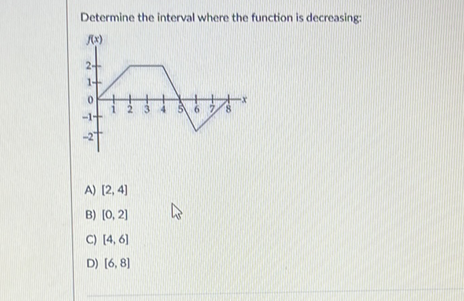 Determine the interval where the function is decreasing:
A) \( [2,4] \)
B) \( [0,2] \)
C) \( [4,6] \)
D) \( [6,8] \)