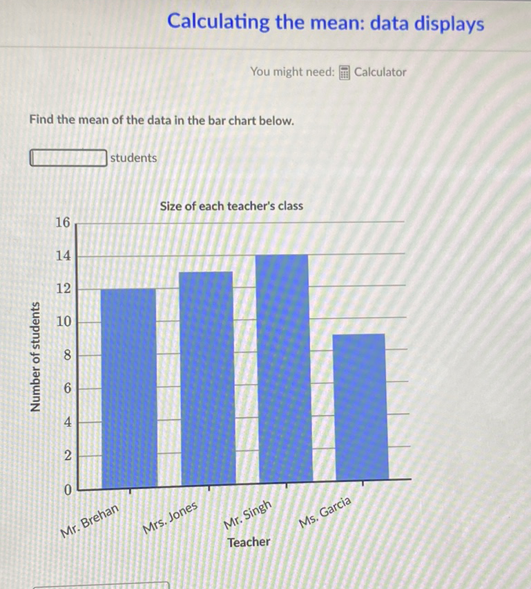 Calculating the mean: data displays
You might need: 罪 Calculator
Find the mean of the data in the bar chart below.
\( \square \) students