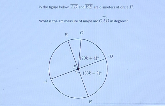 In the figure below, \( \overline{A D} \) and \( \overline{B E} \) are diameters of circle \( P . \)
What is the arc measure of major arc CAD in degrees?