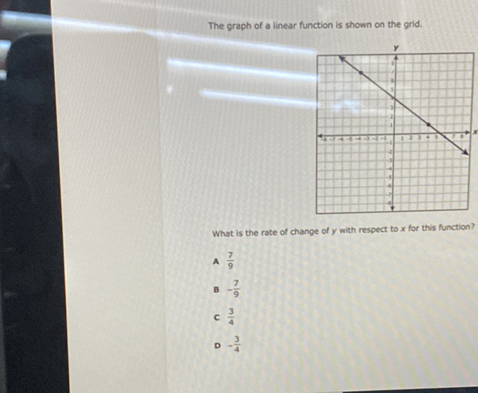 The graph of a linear function is shown on the grid.
What is the rate of change of \( y \) with respect to \( x \) for this function?
A \( \frac{7}{9} \)
B \( -\frac{7}{9} \)
C \( \frac{3}{4} \)
D \( -\frac{3}{4} \)