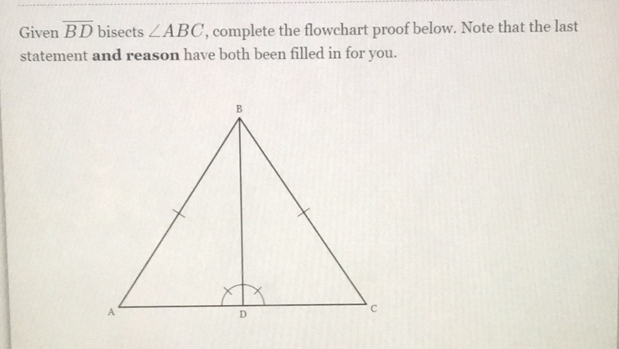 Given \( \overline{B D} \) bisects \( \angle A B C \), complete the flowchart proof below. Note that the last statement and reason have both been filled in for you.