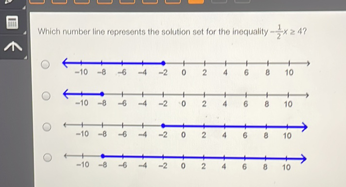 Which number line represents the solution set for the inequality \( -\frac{1}{2} x \geq 4 ? \)