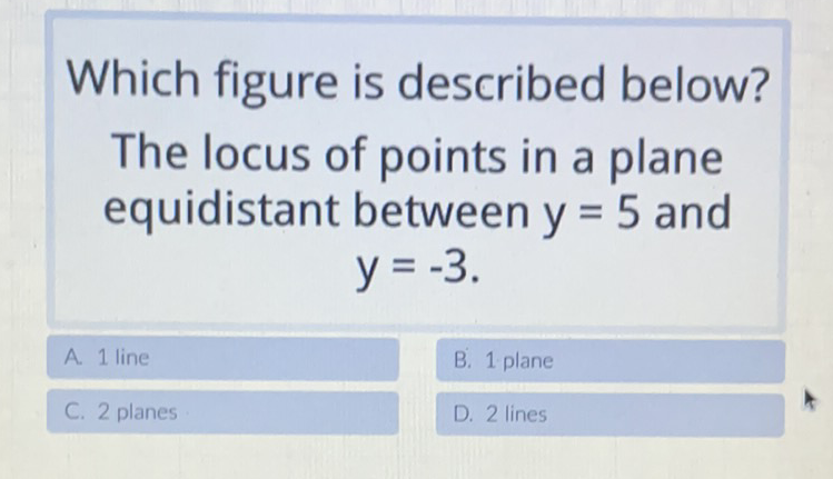 Which figure is described below?
The locus of points in a plane equidistant between \( y=5 \) and
\[
y=-3 \text {. }
\]