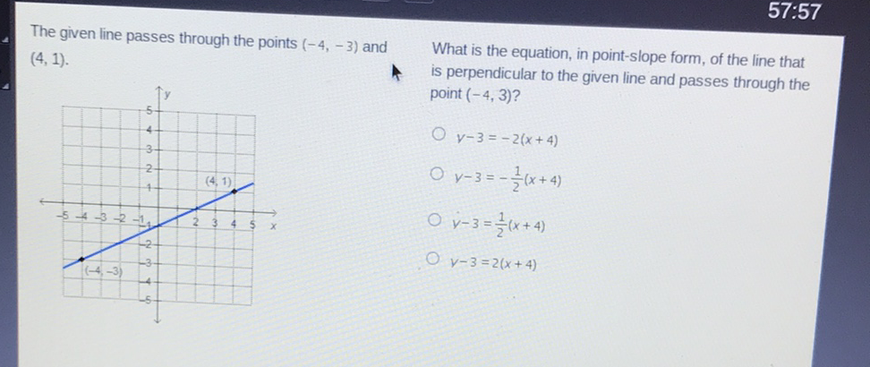 The given line passes through the points \( (-4,-3) \) and What is the equation, in point-slope form, of the line that is perpendicular to the given line and passes through the
\( y-3=\frac{1}{2}(x+4) \) \( y-3=2(x+4) \)