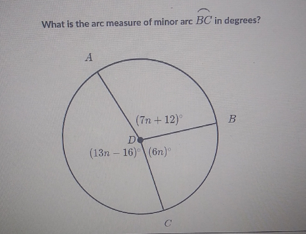 What is the arc measure of minor arc \( B C \) in degrees?