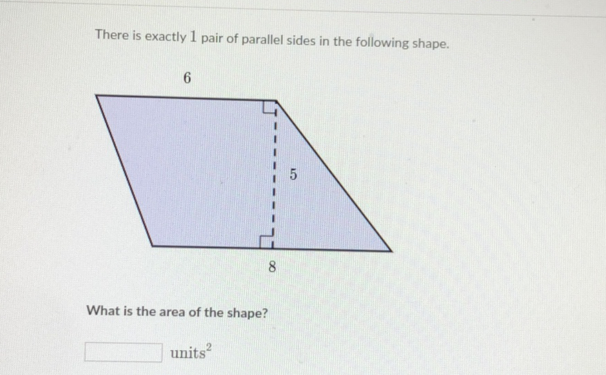 There is exactly 1 pair of parallel sides in the following shape.
What is the area of the shape?
units \( ^{2} \)