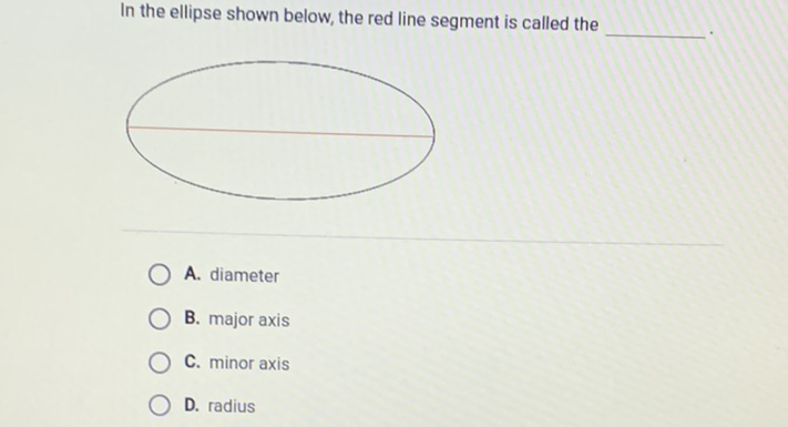In the ellipse shown below, the red line segment is called the
A. diameter
B. major axis
C. minor axis
D. radius