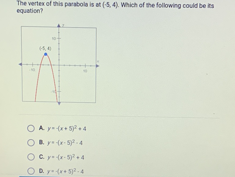 The vertex of this parabola is at \( (-5,4) \). Which of the following could be its equation?
A. \( y=-(x+5)^{2}+4 \)
B. \( y=-(x-5)^{2}-4 \)
C. \( y=-(x-5)^{2}+4 \)
D. \( y=-(x+5)^{2}-4 \)