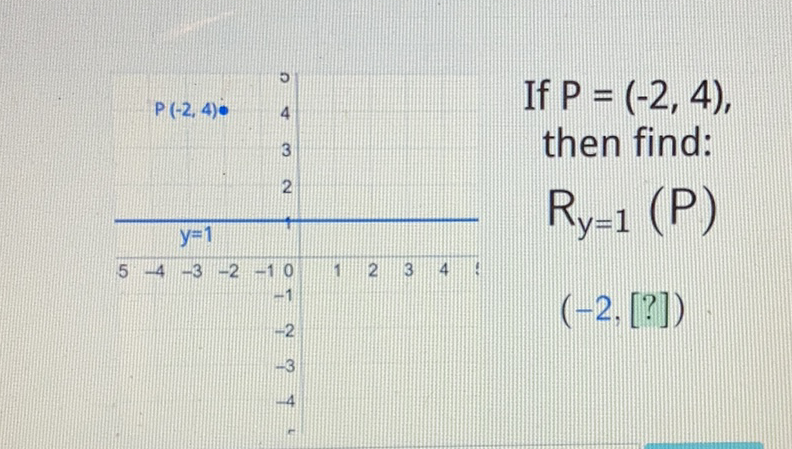 \( \begin{array}{cc}p(-2,4) \cdot & 4 & \text { If } P=(-2,4), \\ 3 & 2 & \text { then find: } \\ & 2 & \text { Ry }=1\end{array} \)
\( \begin{array}{llllllllllll}5 & -4 & -3 & -2 & -1 & 0 & 1 & 2 & 3 & 4 & \vdots\end{array} \)
\( -1-2 \quad(-2,[?]) \)
\( -3 \)
\( -4 \)