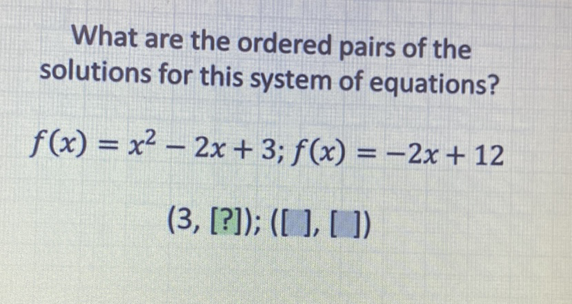 What are the ordered pairs of the solutions for this system of equations?
\[
f(x)=x^{2}-2 x+3 ; f(x)=-2 x+12
\]
\( (3,[?]) ;([],[]) \)