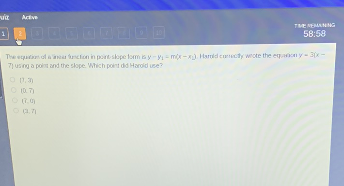 Active
TIME REMAINING
The equation of a linear function in point-slope form is \( y-y_{1}=m\left(x-x_{1}\right) \). Harold correctly wrote the equation \( y=3(x- \)
7) using a point and the slope. Which point did Harold use?
\( (7,3) \)
\( (0,7) \)
\( (7,0) \)
\( (3.7) \)