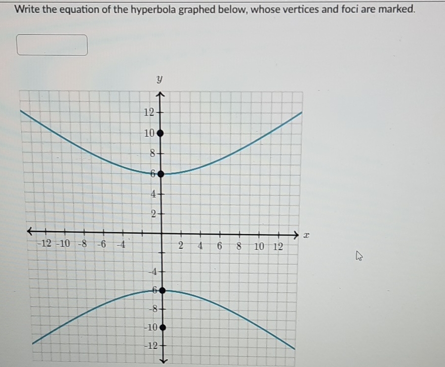 Write the equation of the hyperbola graphed below, whose vertices and foci are marked.