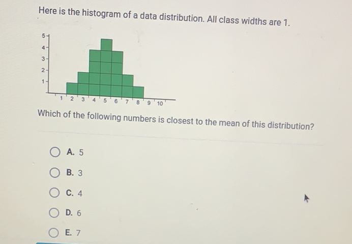 Here is the histogram of a data distribution. All class widths are 1 .
Which of the following numbers is closest to the mean of this distribution?
A. 5
B. 3
C. 4
D. 6
E. 7