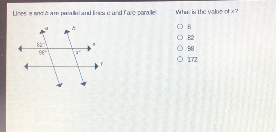 Lines \( a \) and \( b \) are parallel and lines \( e \) and \( f \) are parallel. What is the value of \( x ? \)