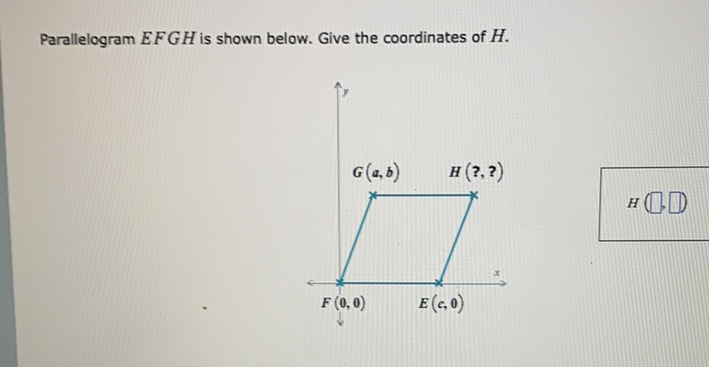 Parallelogram \( E F G H \) is shown below. Give the coordinates of \( H \).