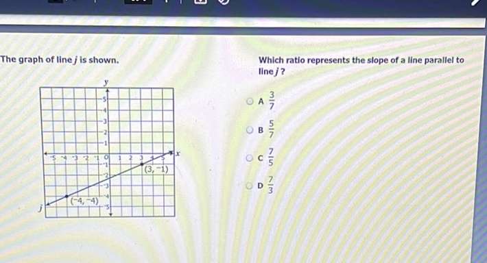 The graph of line \( j \) is shown.
Which ratio represents the slope of a line parallel to line \( j \) ?
A \( \frac{3}{7} \)
B \( \frac{5}{7} \)
C \( \frac{7}{5} \)
D \( \frac{7}{3} \)